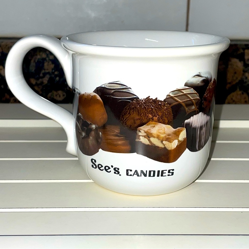 Sees Candies vintage souvenir coffee mug with chocolate, truffles, caramels